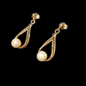 SOLD 5mm Akoya Pearl in 14k Yellow Gold Dangling Earrings